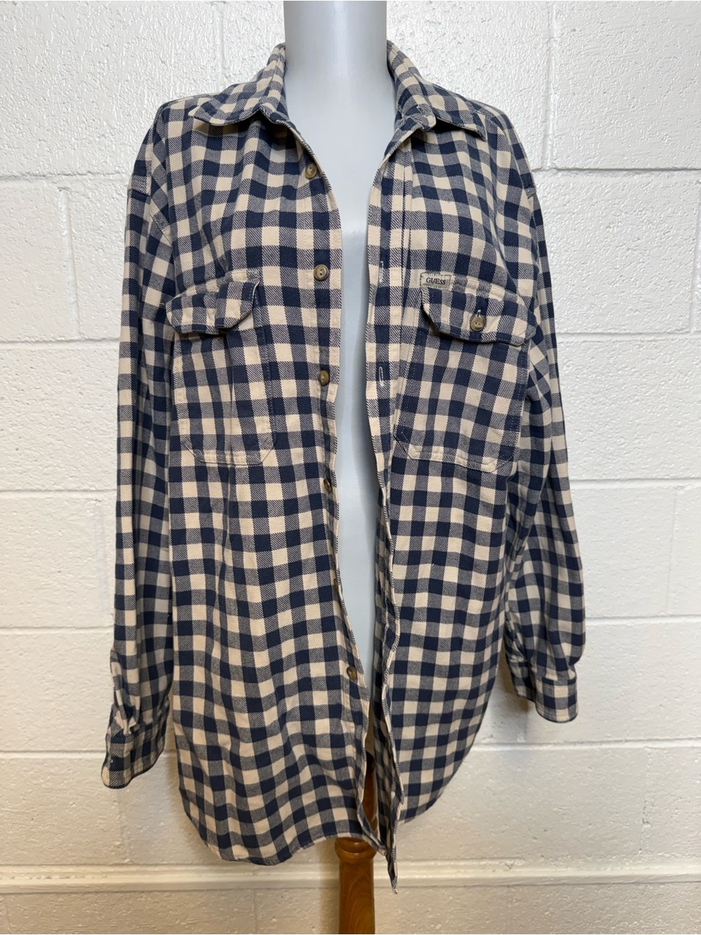 Guess Navy and Cream Check Flannel Button-Down Shirt